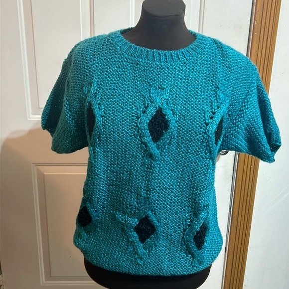 Country Suburbans Hand Knit Teal& Black Diamond Short Sleeve Sweater Size M - Picture 1 of 5